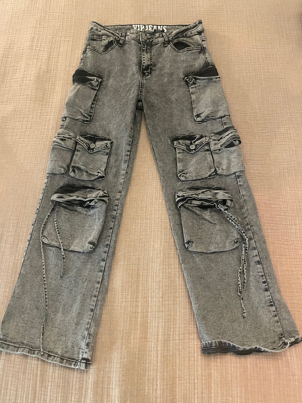 V.I.P. Jeans Black Acid Wash High Waisted Flare Leg Cargo Jeans Size 13 31